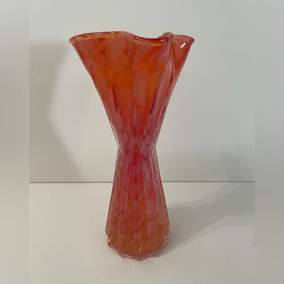 Vintage Pink and Orange Art Glass Ruffled Top Vase Silhouette 7” H - Picture 1 of 5
